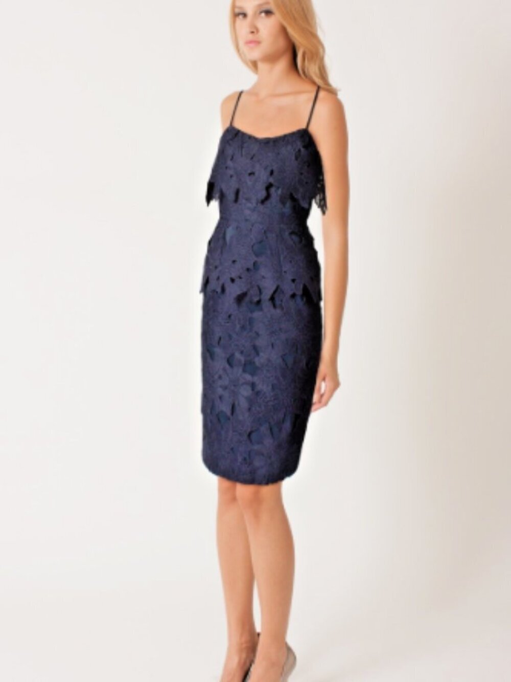 NWTs | BLACK HALO 'Ora' ~ Size 8 - Navy Macrame Lace Popover Sheath Party Dress